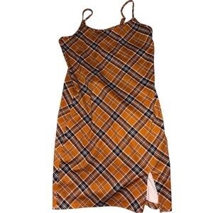 Jolie & Joy Plaid Cami Dress Large Mustard Black Mini Side Slit Stretch NWT